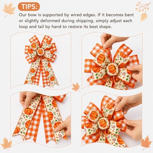 Fall Pumpkin Bow 2 Pack, 20.8 x 11.42 Inch Thanksgiving Wreath Bows with Orange Buffalo Plaid Ribbon, Large Harvest Farmhouse Door Bows for Front Door, Wall, Window, Garland, Autumn Home Decor