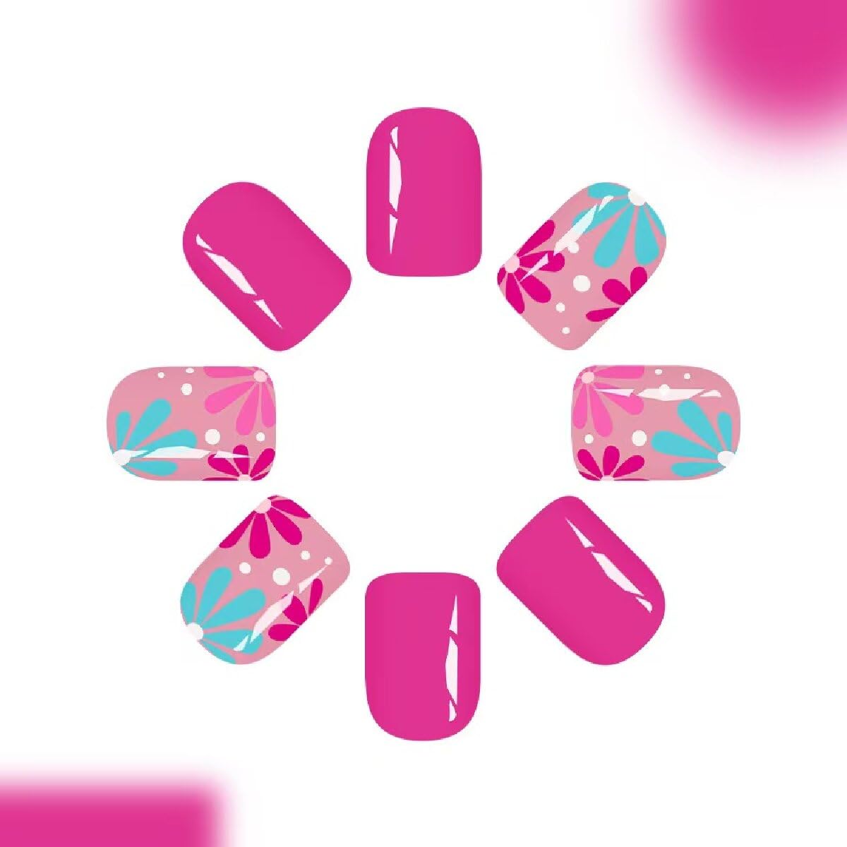 Pink Press on Nails Short Square Fake Nails with Flower Spot Design Full Cover Spring Stick on False Nails for Women 24 Pcs