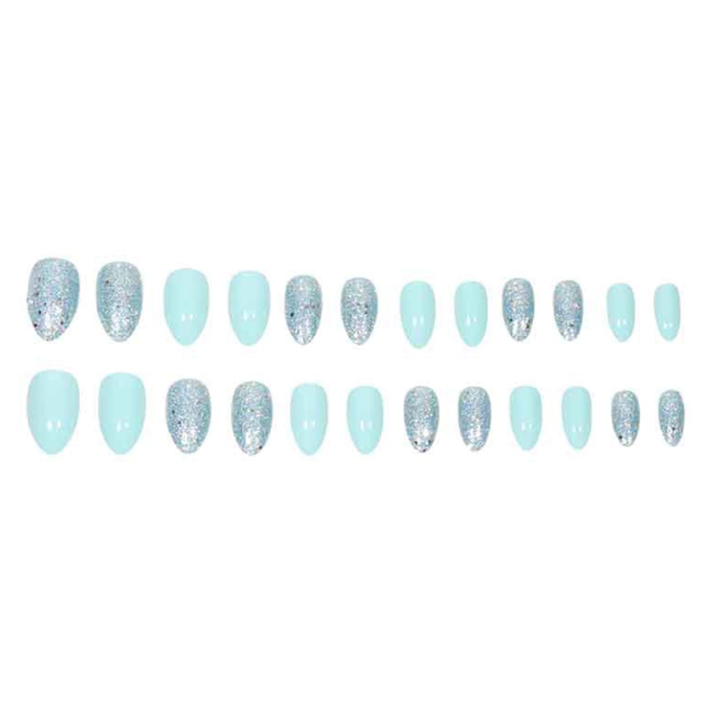 Hkanlre Medium Fake Nails Tips Blue Press on Nails Full Cover Almond False Bling Nails for Women 24PCS