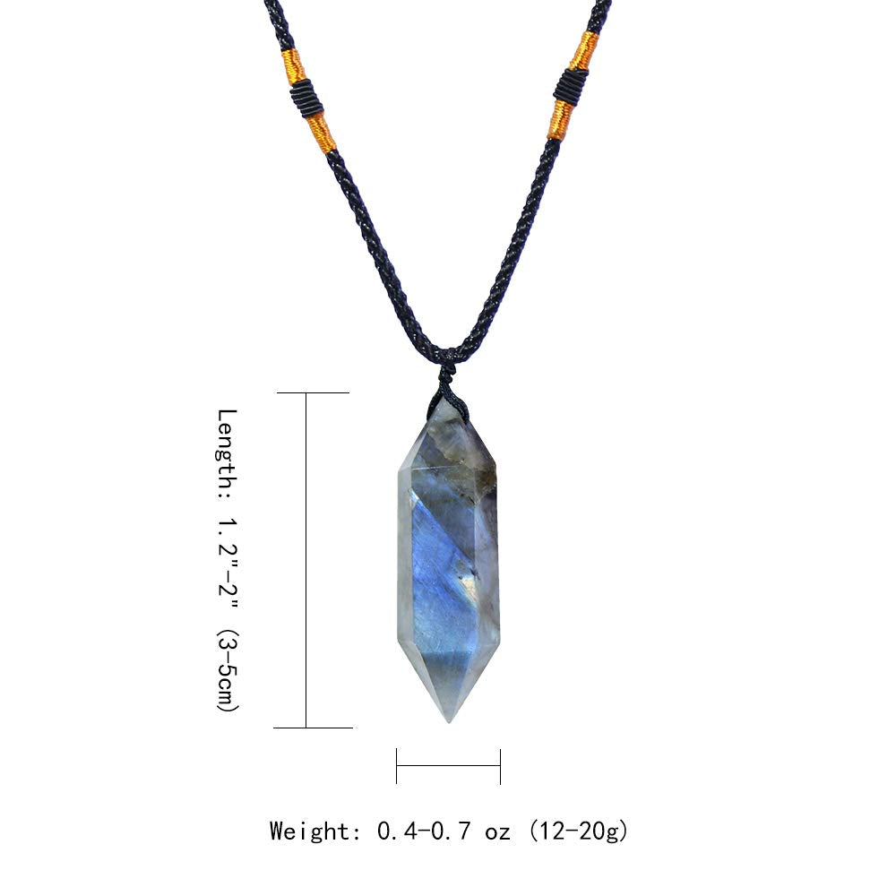 Runyangshi Labradorite Healing Crystal Pendants, Double Pointed Natural Crystal Quartz Necklace 6 Faceted Chakra Crystal Wand Stone