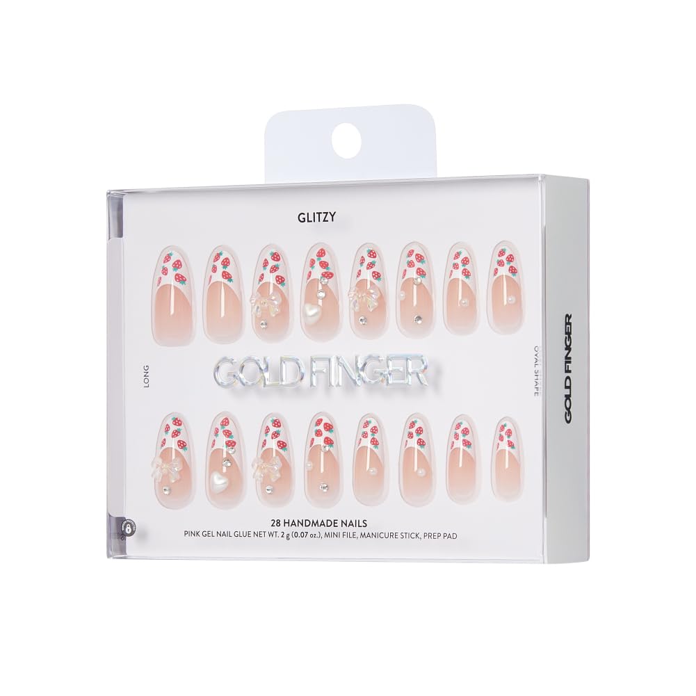 Glitzy 3D Handmade Press On Nail Kit, Rhinestone Strawberry French Tip Long Almond False Nail, Reusable & Lasts Up To 2 Weeks, Seamless Snug Fit Technology, Includes Glue, File & 28Pcs Manicure Set