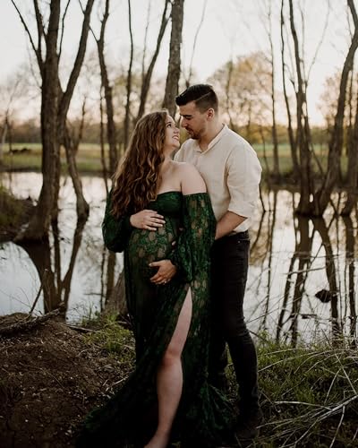 Saslax Soft Stretchy Lace Off Shoulder Doubly Split A-line Skirt Maternity Dress Pregnancy Maxi Gown for Photoshoot - color: Green, size: Large