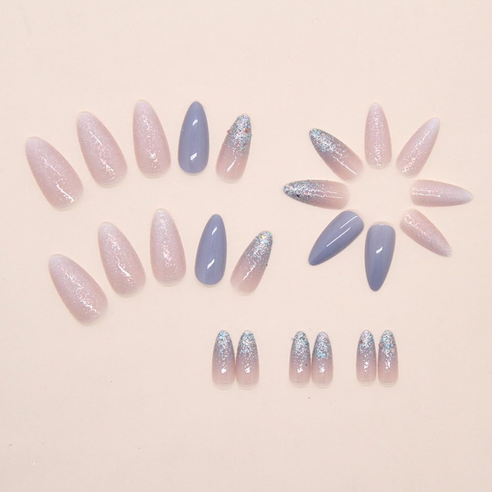 Hrnsnails Nails Press on, Almond Press On Nails Fake Nails Medium Length with Glitter Sequins Elegant Temperament Design, Acrylic Artificial False Nails Press Ons Stick On Nails for Women