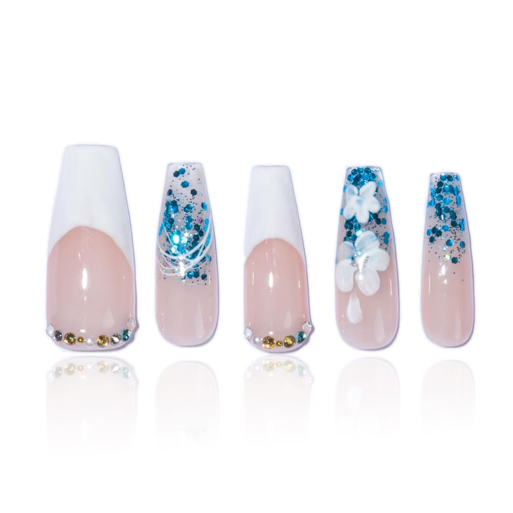 GGddsha 2025 100% Handmade Nails Reusable Medium Press-on Nail French Hand Painted Petals Full Coverage False Nail Set for Women (French-style Petal, Medium)