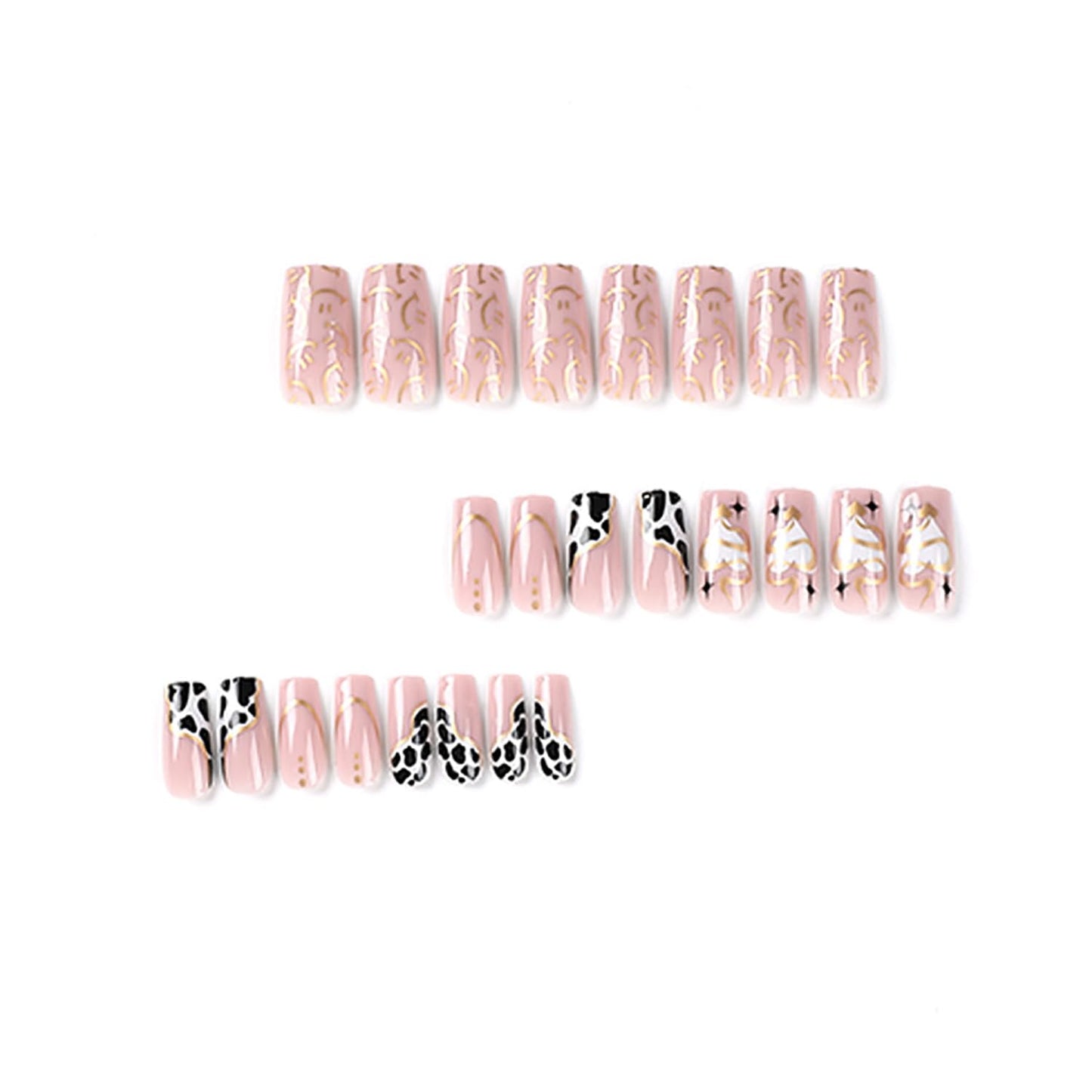 Press on Nails Medium Square Shapes 24Pcs Glossy Full Cover Artificial Pink Fake Nails with Gold Snake Line Designs Reusable Coffin Acrylic Fall False Nails Glue on Fingernails with Charm for Women