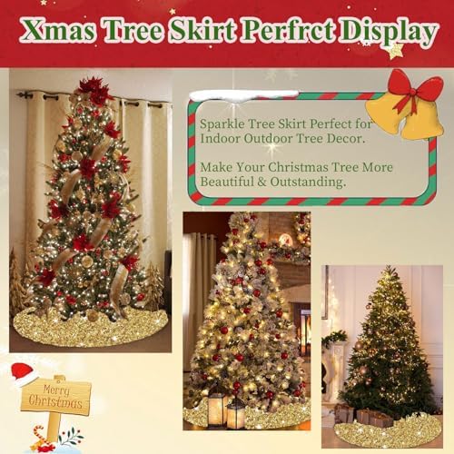 MODFUNS Gold Christmas Tree Skirts 36 Inches Sequence Christmas Tree Skirt Embroidered Christmas Tree Mats Farmhouse Round Merry Christmas Tree Skirt for New Year Birthday Ornament