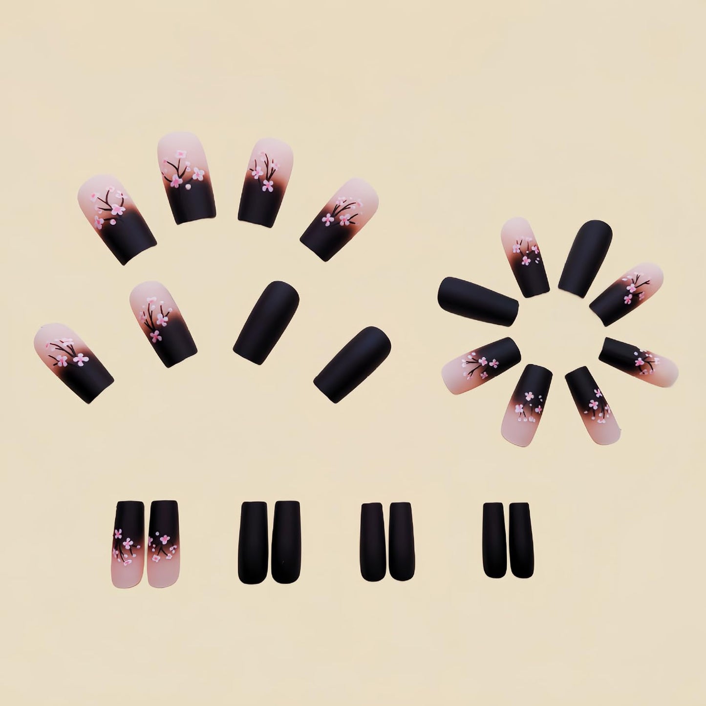 CJDLTS 24Pcs Flower Press on Nails Medium Black French False Nails Pink Floral Pattern Design Coffin Nails Full Cover Acrylic Nails Ballet Shaped Stick on Nails Artificial Glue on Nails for Women
