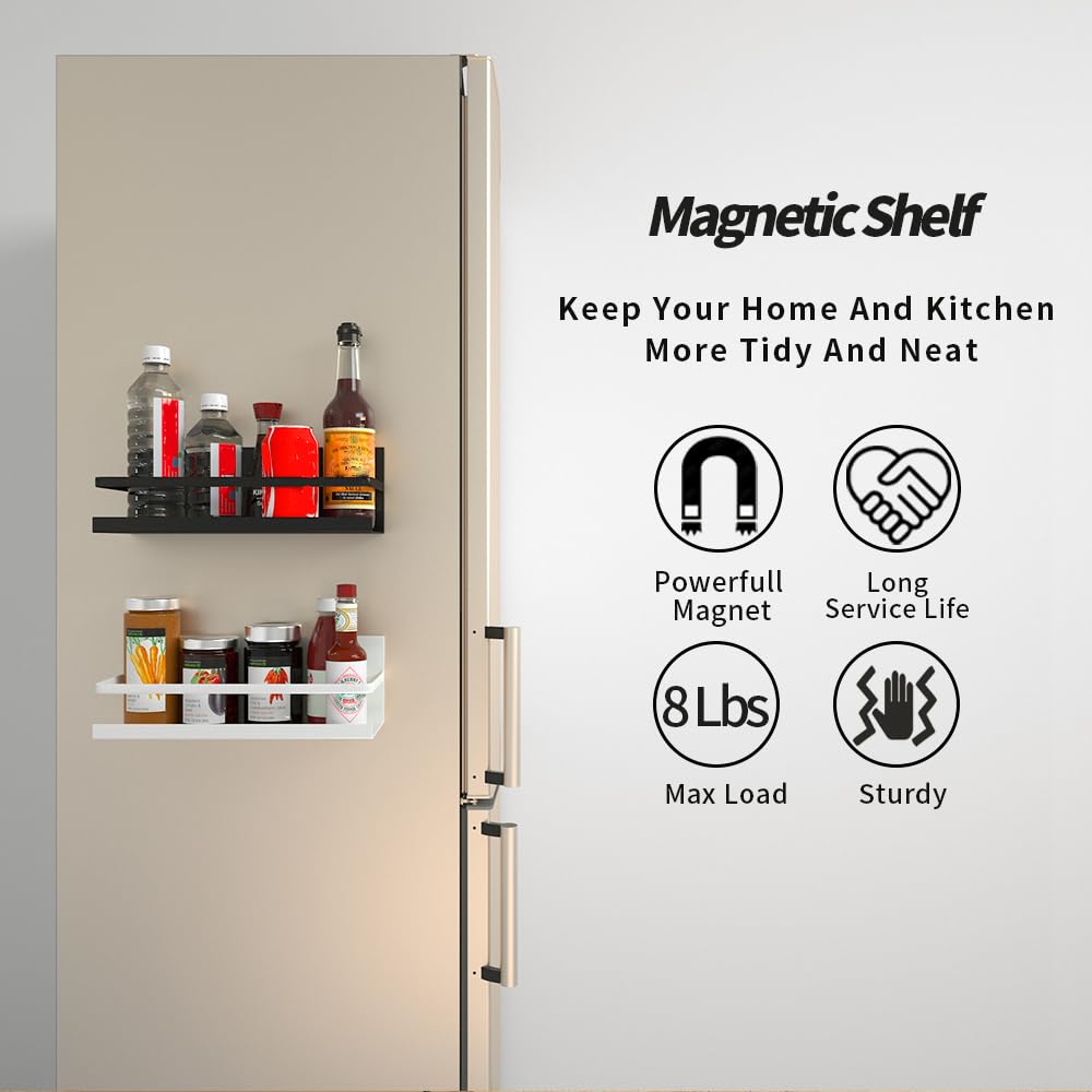 YJSMO 2 Pack Magnetic Spice Rack for Refrigerator,Heave Duty Magnetic Shelf For Kitchen,Magnet Book Shelf For Whiteboard,Space Container,Drill free (Black)