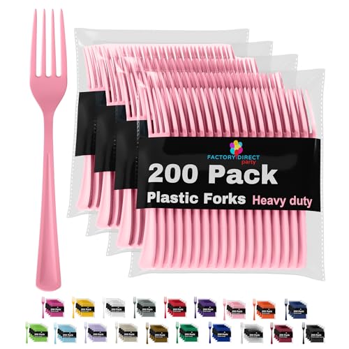 Party Solids Pink Plastic Forks 200 Pieces Pink Forks Disposable Utensils Heavy Duty Plastic Cutlery Set Disposable Cutlery Sets Flatware Sets Silverware Set Party Supplies & Party Tableware - color: Pink