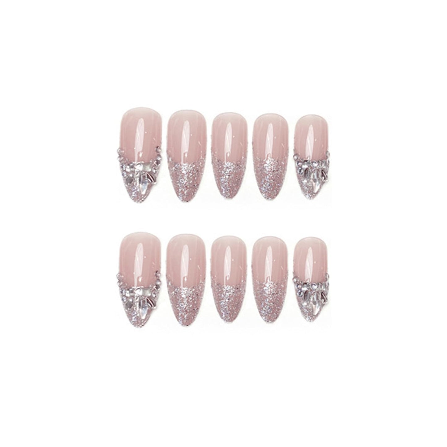 SINHOT Luxury Press on Nails - Medium Almond Fake Nails, Glossy Finish, French Tip & 3D Rhinestones, DIY Artificial False Nail Art - 24 Pcs Nail Kit with Glue