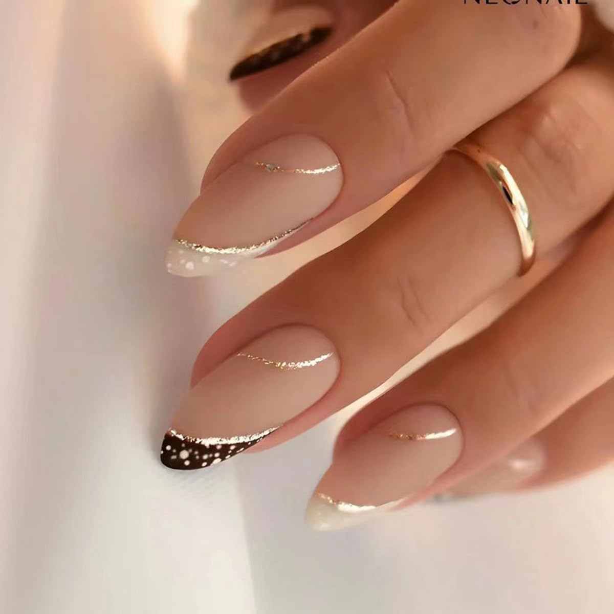 Gold Line Almond Press on Nails - Medium French Tip False Nails with Designs - Glue on Full Cover Acrylic Nails Art DIY Stick on Nails for Women - 24 Pcs