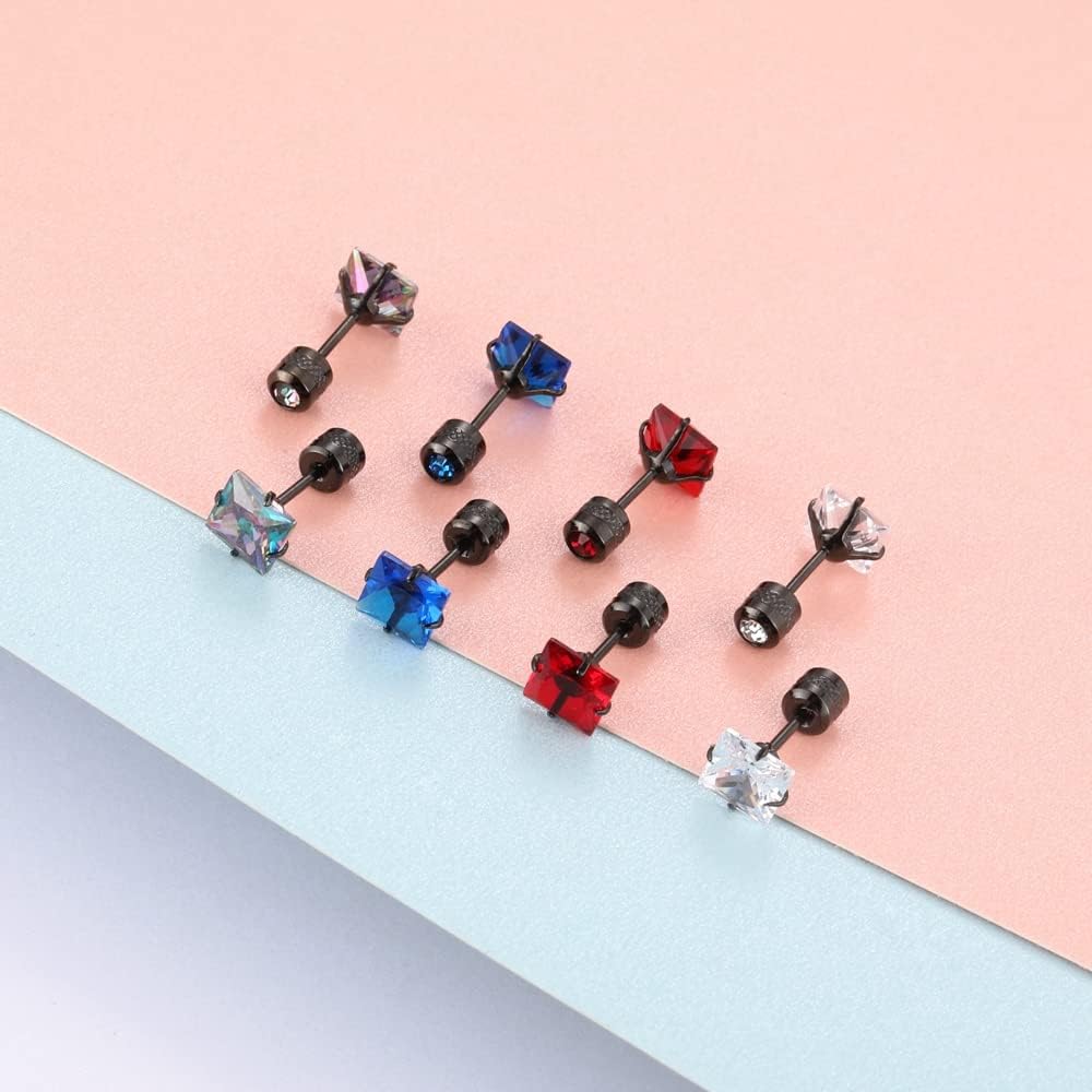 Hopply 4 Pairs Titanium Screw Back Surgical Stainless Steel Earrings for Women Men,Rainbow 5A Cubic Zirconia Studs Double Side Earrings Piercing Sleeper Jewelry 6mm