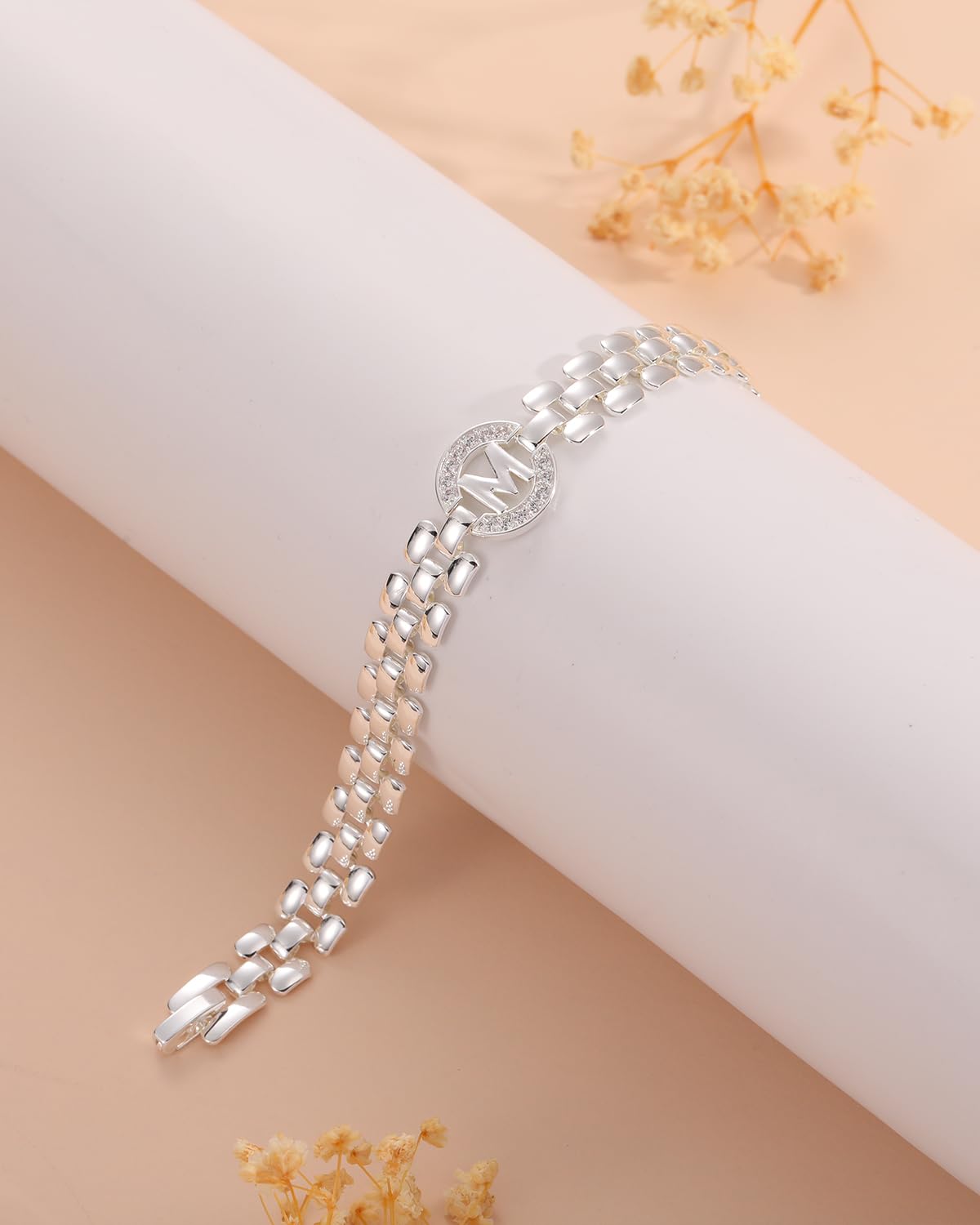 WEDDINEN Initial Bracelet, Silver & Gold Letter Bangle for Women, Alphabet Charm Chain