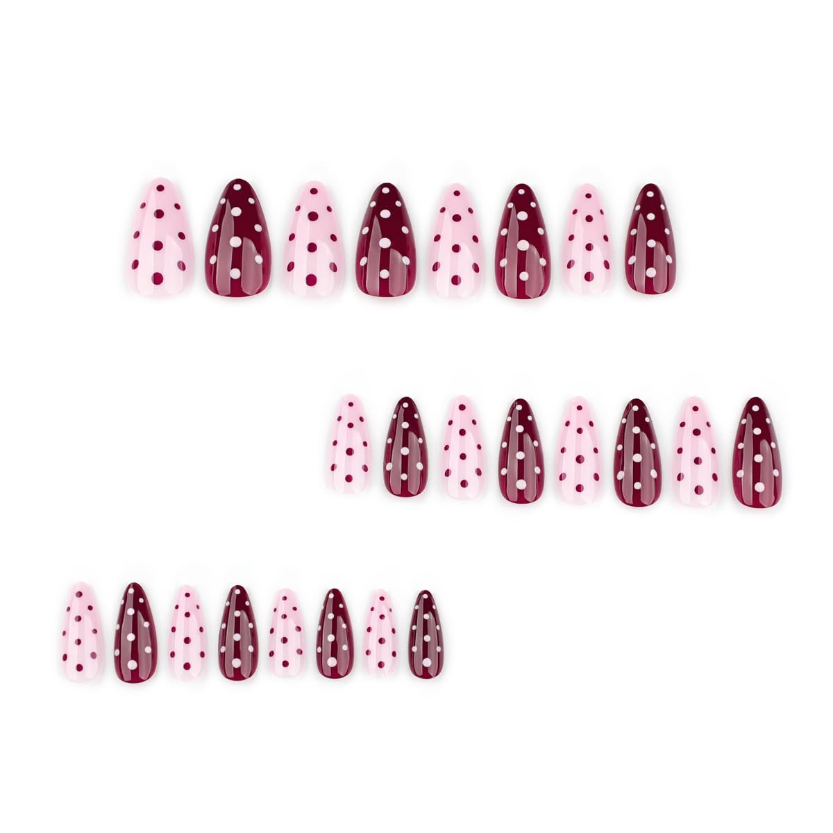 Medium Almond Press on Nails - Light Pink & Red Color Block with Polka Dot, Full Cover Glossy Fake Nails 24PCS for Women