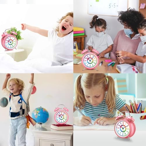 Peakeep Learning Clock for Kids Time Teaching, Loud Alarm to Wake Up | 4.5" Twin Bell Alarm Clock Battery Operated for Teenagers Kids, Kids' Room (Pink)