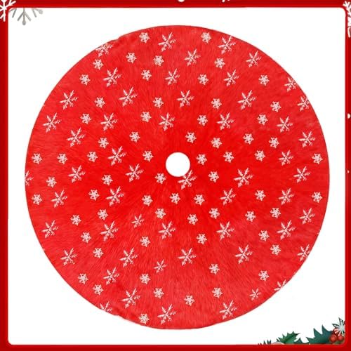 Christmas Tree Skirt, 48 Inch Red Luxury Faux Fur & Silver Sequin Snowflakes, 4ft Xmas Tree Skirt for Holiday Tree Ornaments Christmas Party Home Decorations