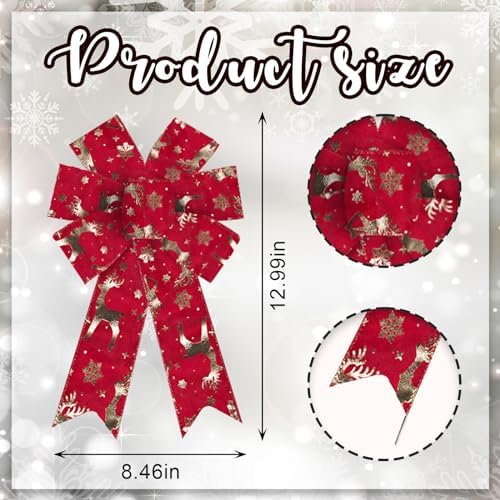 2PCS Christmas Bow for Wreath, Hot Stamping Red Reindeer Snowflake Wreath Bow for Christmas D??cor Winter Bow for Front Door Indoor Outdoor Wall Tree Topper Decoration Supplies Xmas Ornament