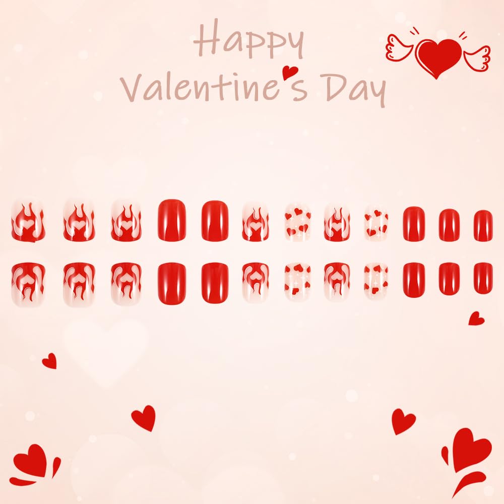 CEWEWP Valentine's Day Press on Nails Short Square False Nails with Red Hearts Flame Design Glossy Full Cover Red Glue on Nails Reusable Cute Holiday Nail Press on for Women Manicure 24Pcs
