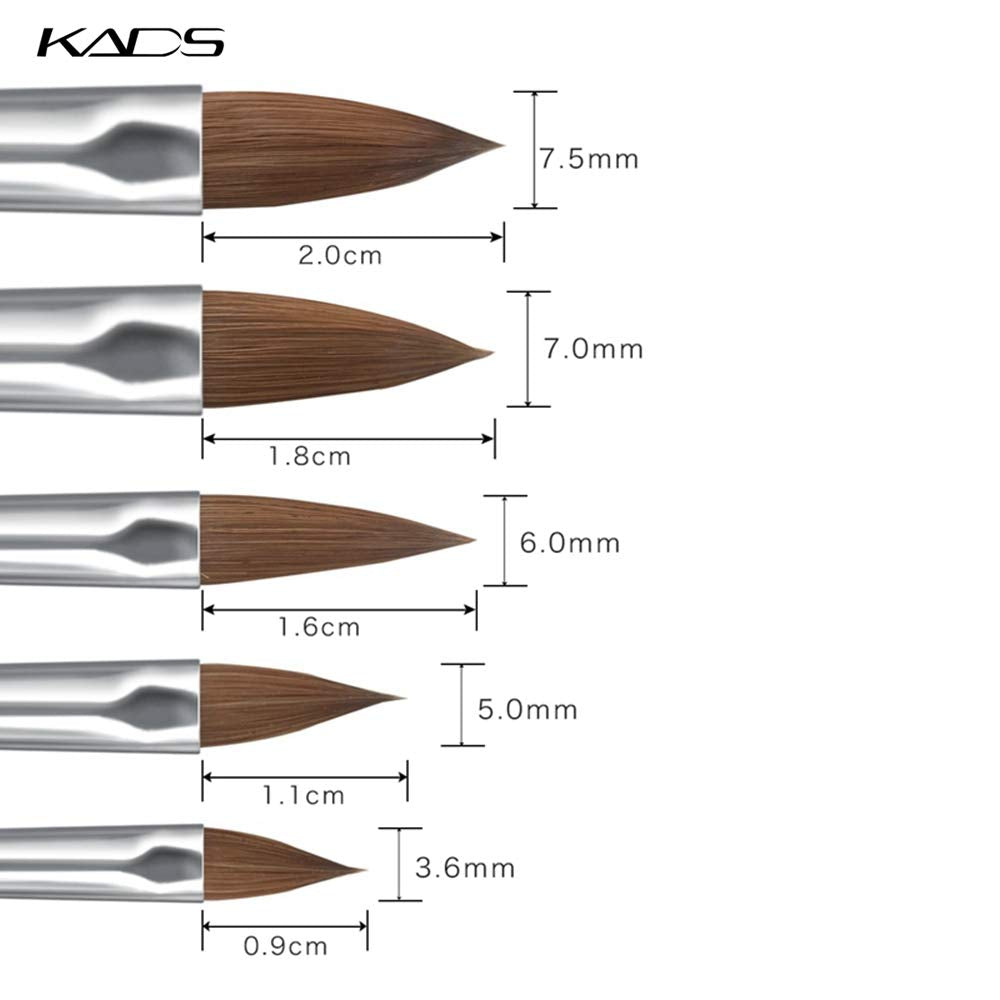 KADS Kolinsky Sable Acrylic Brush Set - 5pcs, Sizes 2# to 10#, Black Kolinsky Sable Nail Brushes
