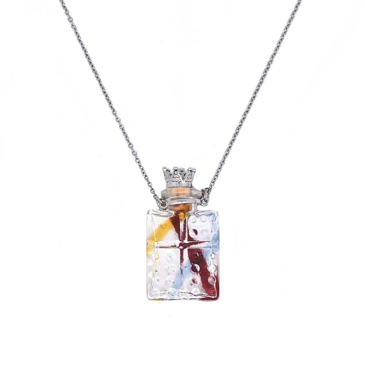 Handcrafted Glaze Glass Square Refillable Essential Oil Necklace Pendant - Aromatherapy Perfume Diffuser Pendant with Stainless Steel Chain (Colorful Clear)
