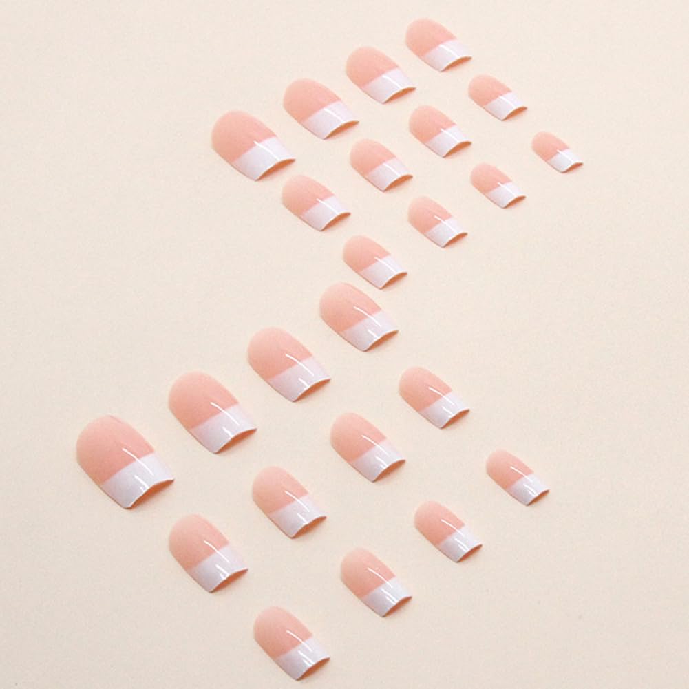 Acrylic Press on Nails Medium Square Fake Nails White French Tip False Nails with Gloss Designs Nails Press on Artificial Nails Stick on Nails for Women 24Pcs