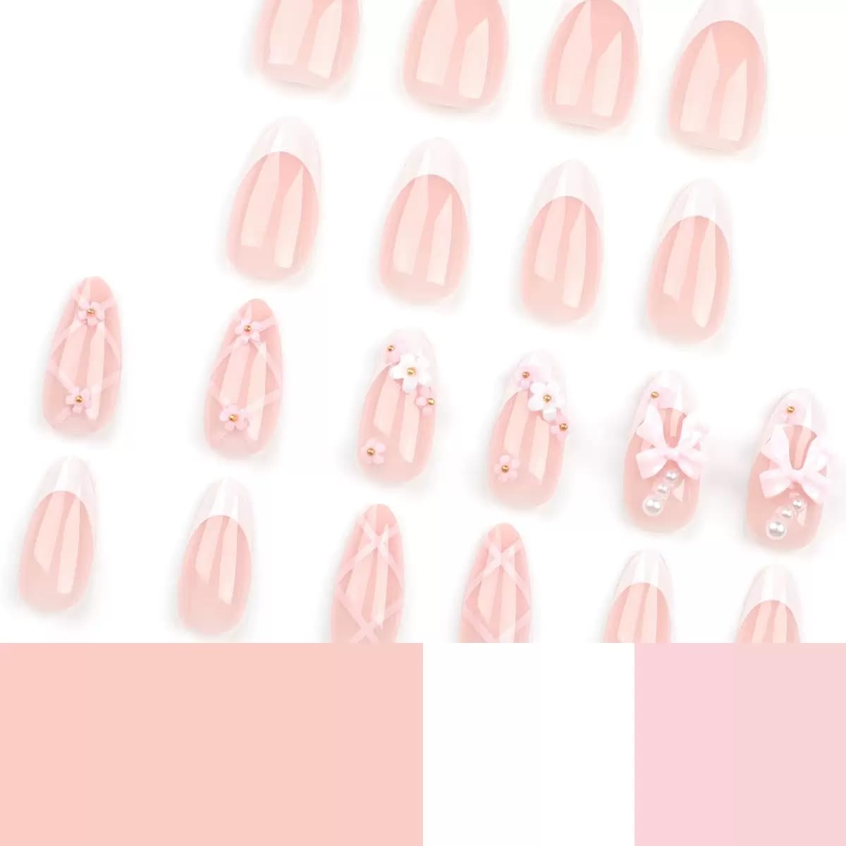 Almond Press on Nails Medium - White French Tip Fake Nails with Flower Bow Charms Design - Cute False Nails for Women 24 Pcs