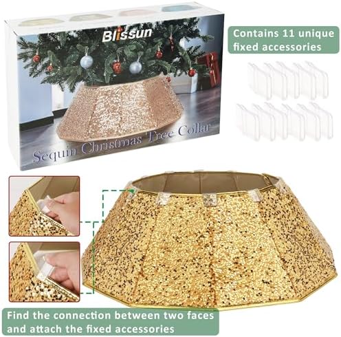 Blissun Christmas Tree Collar, Sequin Christmas Tree Skirt, Foldable Tree Ring, Xmas Tree Stand Base Cover for Christmas Tree Decoration, Bright Gold