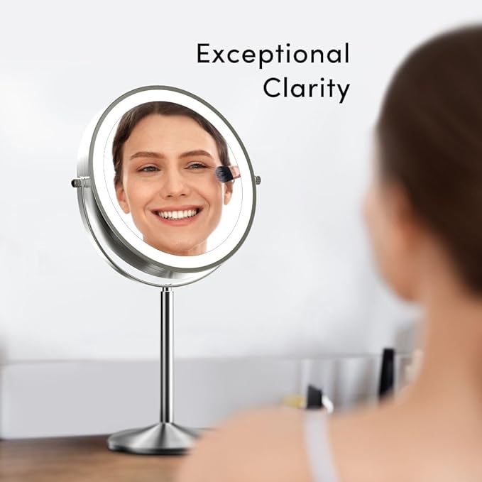 Fancii 9-Inch Lighted Makeup Mirror Height Adjustable with 10X /1X Magnification - Rechargeable, Double Sided LED Vanity Mirror with Light and Stand, 360° Swivel (Hailey)