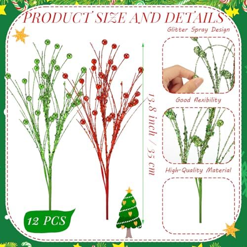 Norme 12 Pcs Christmas Tree Picks Charming Style, 13.8" Red Green Glitter