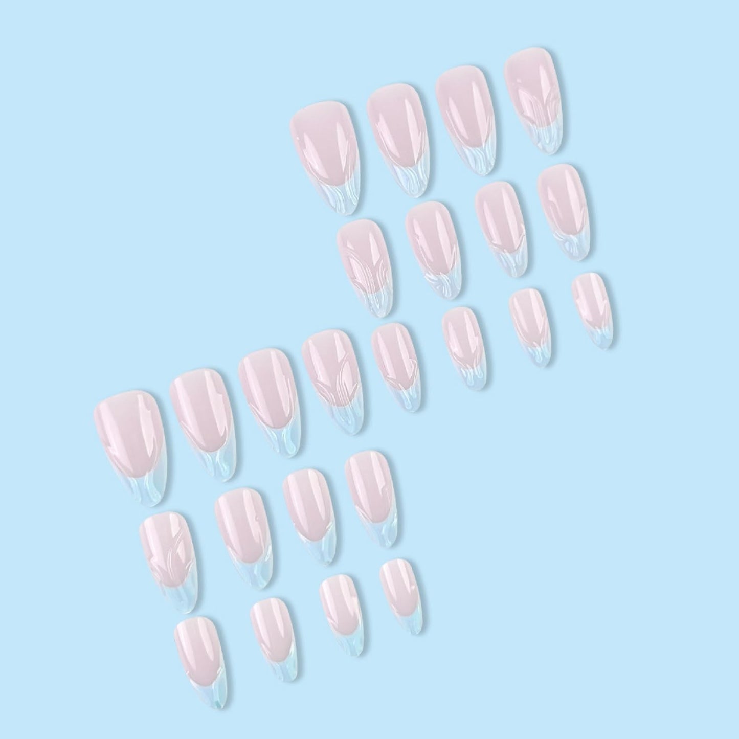 Almond Press On Nails Medium Fake Nails Blue French Tip False Nails With 3D Design Nude Acrylic False Nails Full Cover Artificial Glue On Nail Reusable Stick On Nail For Women Manicure 24pcs