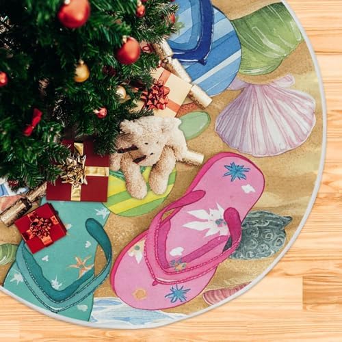 Summer Beach Flip Flops Tree Skirt 48" Spring Summer Large Christmas Tree Skirts Rustic Farmhouse Xmas Mat for Holiday Festival Party Decor