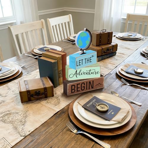 GlikCeil 4 Pcs Adventure Awaits Tiered Tray Decor Earth Day Adventure Wood Table Decoration Travel Party Centerpieces for World Bon Voyage Travel Around The World Party Home Office Desk Shelf Decors - style: Earth