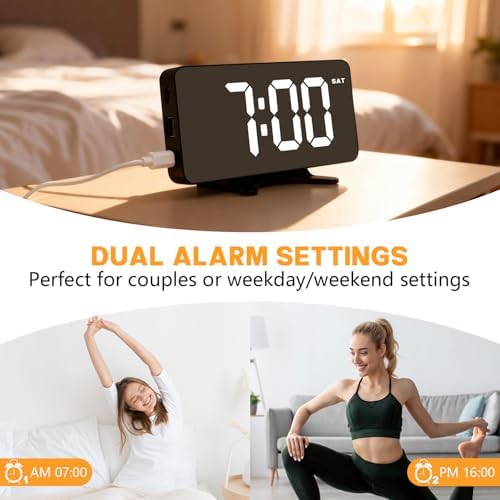 Digital Alarm Clock for Bedroom Dimmable Dual Desk Clock for Heavy Sleepers | Easy Setup, Large Number, 5 Alarm Modes