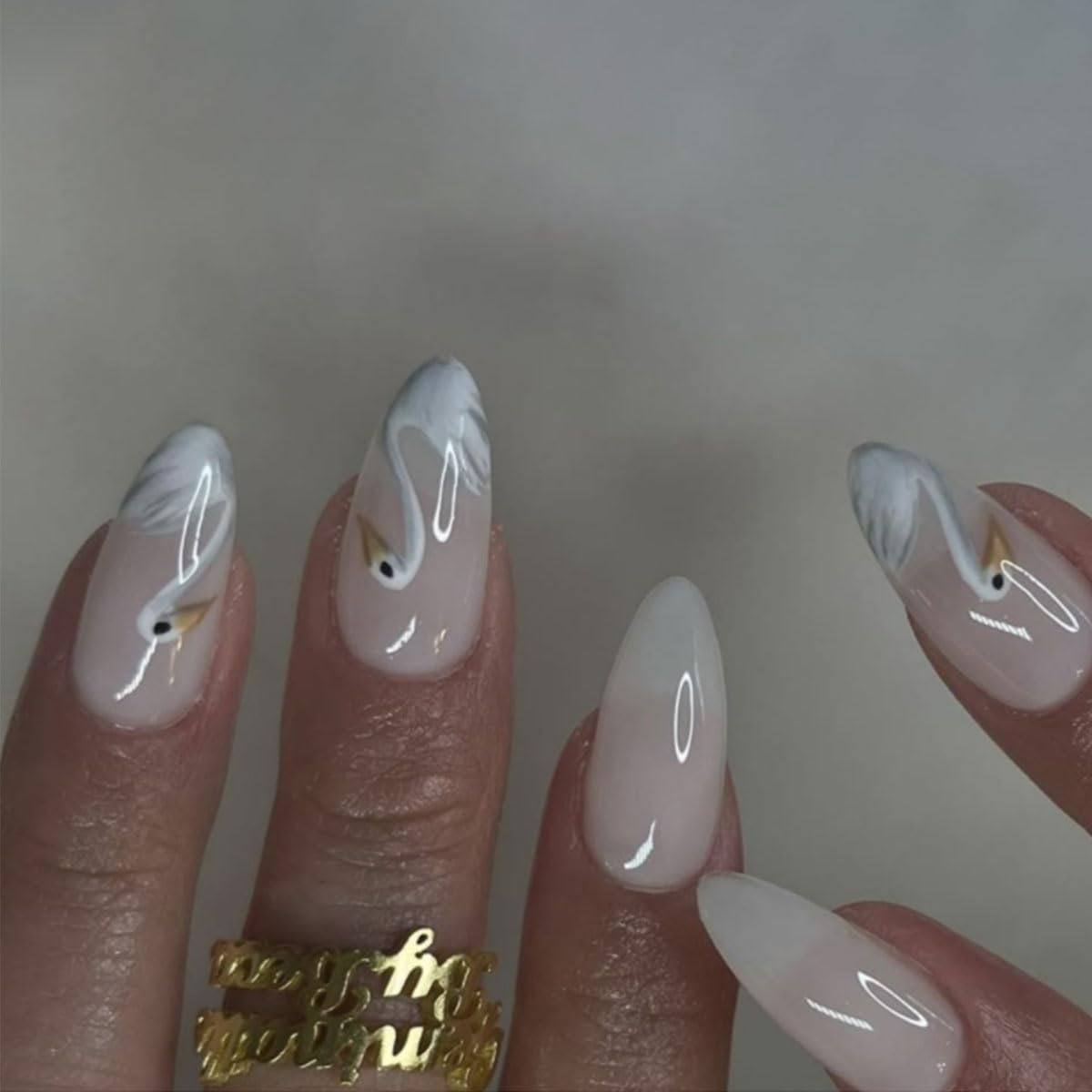 Nailora 24 Pcs White Swan Press On Nails | Almond Shape Stick On Nails | 3D Elegant Gel Glue False Nails | Ballet Aesthetic Manicure for Women