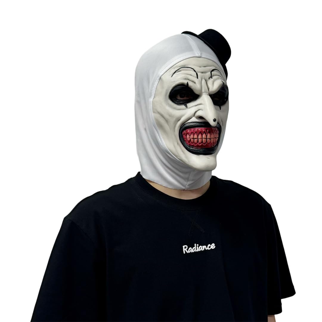 NTSWZYS Terrifier Art the Clown Mask 2025 Full Head Creepy Killer Masks for Halloween Party Props(Style 2-BlackWhite Hat)