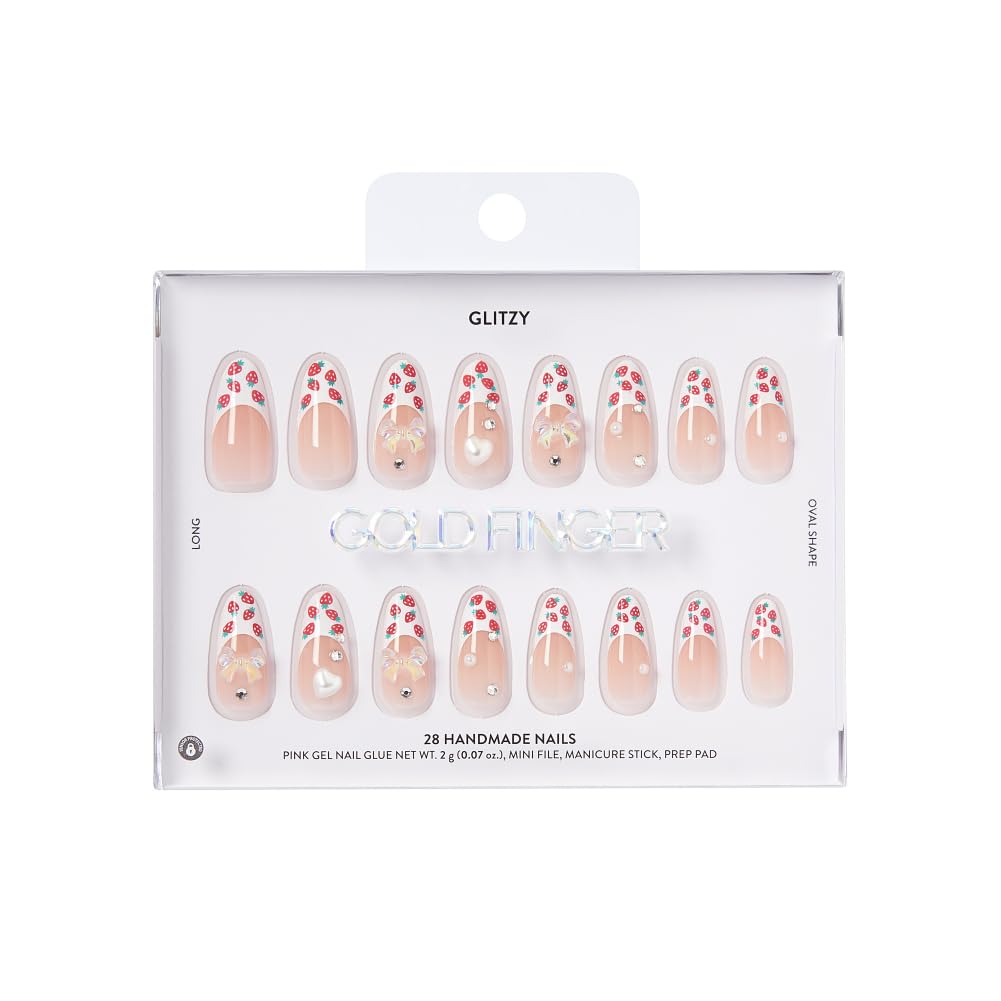 Glitzy 3D Handmade Press On Nail Kit, Rhinestone Strawberry French Tip Long Almond False Nail, Reusable & Lasts Up To 2 Weeks, Seamless Snug Fit Technology, Includes Glue, File & 28Pcs Manicure Set