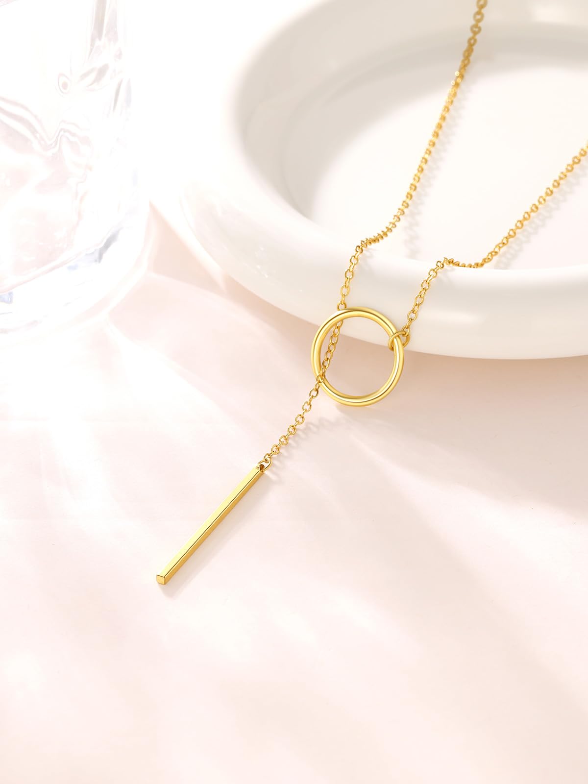 FOCALOOK Long Gold Necklaces for Women Custom Personalized Drop Bar Pendant Lariat Necklace 28inch/73cm