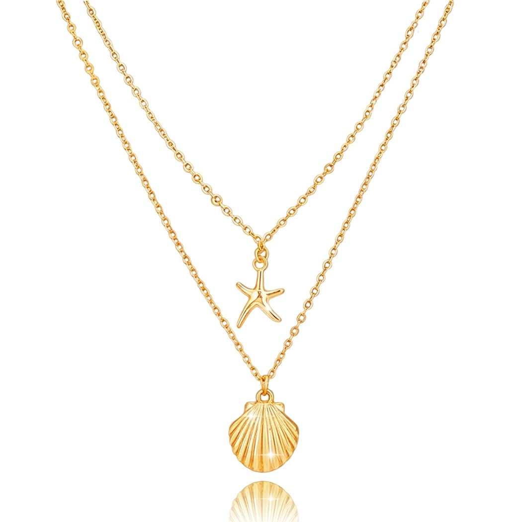 Tgirls Boho Starfish Layered Necklace Shell Pendant Necklace Silver Necklaces Chain for Women (Gold)
