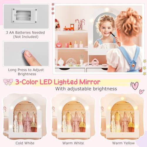 Costzon Kids Vanity with Lights, Girls Vanity Set with Mirror Cabinet, Storage Drawers, Hooks & Shelves, Toddler Makeup Vanity Desk Dressing Table, Wooden Kids Vanity Table and Chair Set (White) - style: White with Mirror Cabinet