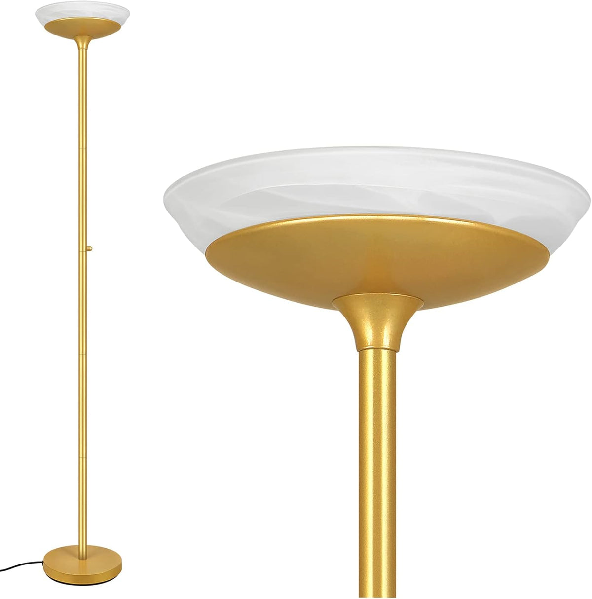 BoostArea Torchiere Floor Lamp, 24W Super Bright LED Standing Lamp, 3000K Stepless Dimmable Pole Lamp with Rotary Switch, 70 Inch Tall Metal Modern Floor Lamps for Living Room/Bedroom/Office/Den, Gold
