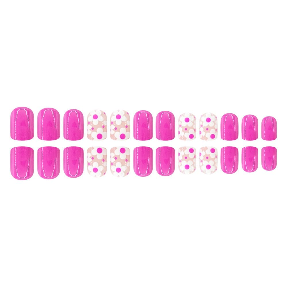 Flower Press on Nails Short Square Fake Nails with White Floral Design Glossy Rose Pink Nails Press on Spring Summer False Nails Reusable Full Cover Glue on Nails for Women Manicure 24Pcs