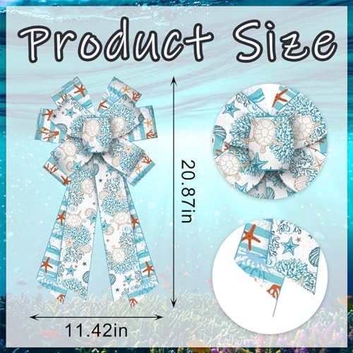 Large Summer Wreath Bows - Linen Sea Ocean Burlap Blue Sea Turtle Coral Ribbon Bows for Ocean Theme Decor Indoor Outdoor Tree Topper Wreath Decoration Supplies