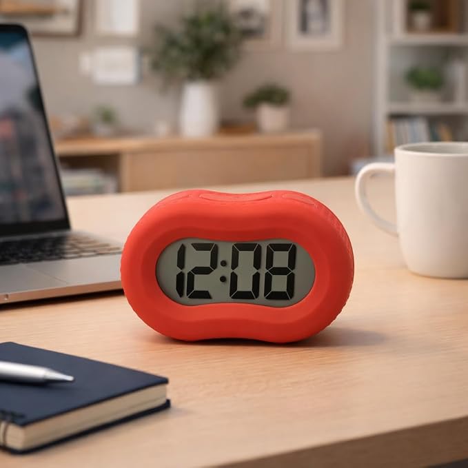 Timelink Smartlight Rubber Alarm Clock with Automatic Night Light and Large Display ?€? Easy-to-Use Digital Alarm with Snooze, Soft Rubber Case, Battery Operated, for Kids and Adults (Red)