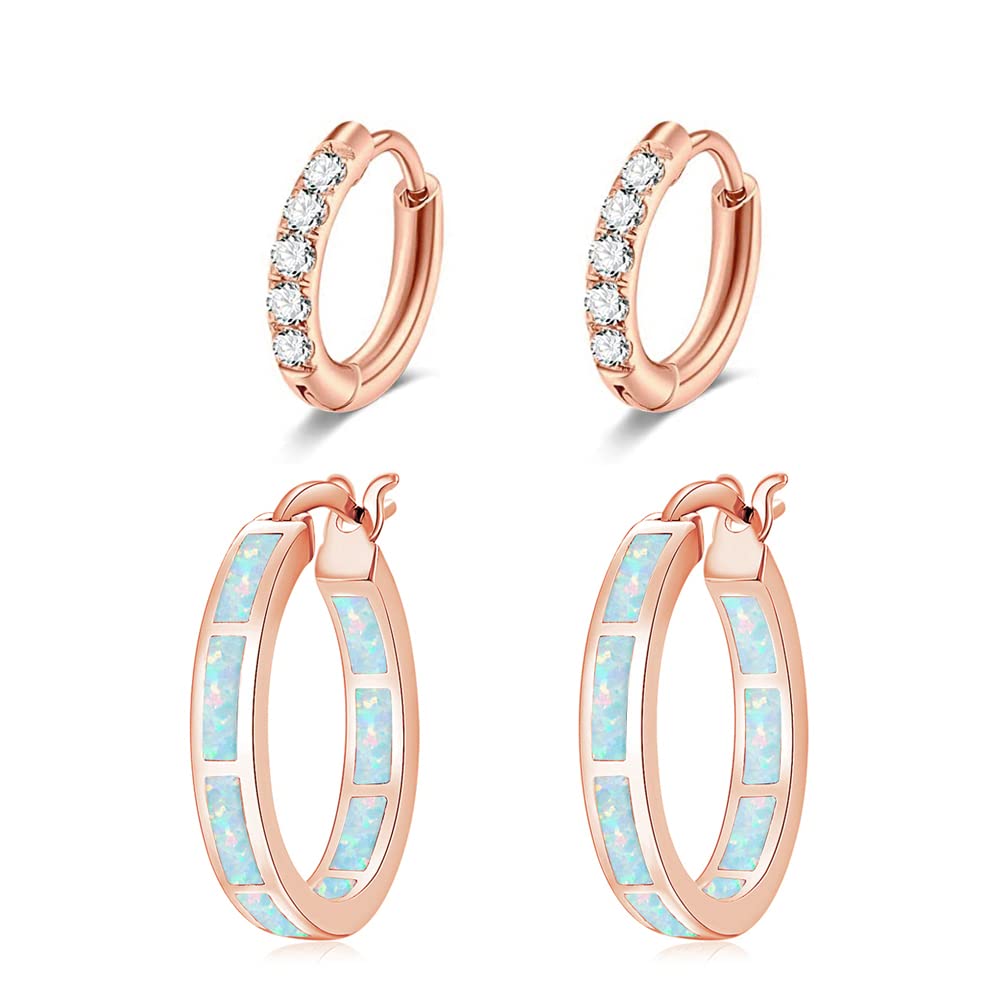 CiNily 2 Pairs Hoop Earring Set for Women Rose Gold Plated Opal Small Hoop Earring Hypoallergenic Cubic Zirconia Tiny Earrings