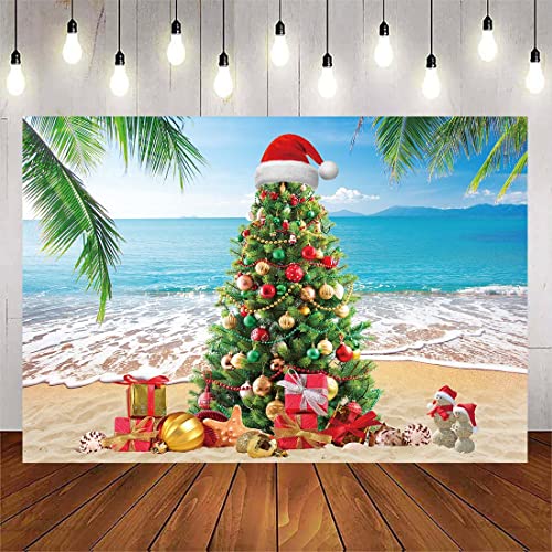 July Christmas Backdrop Banner Summer Christmas Tree Photography Background Tropical Beach Xmas Palm Leaves Blue Sky Ocean Family Holiday Party Photo Backdrop (7X5FT(82x59inch)) - size: 7X5FT(82x59inch)