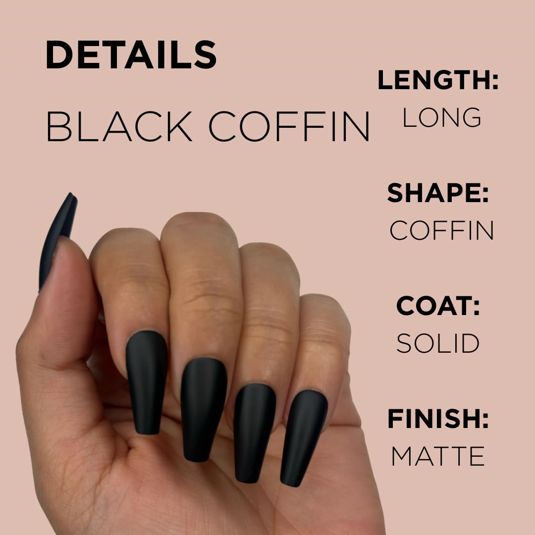 BLACK COFFIN Press-On Nails by Lavaa Beauty | Long Coffin | Matte Black Coffin Nails