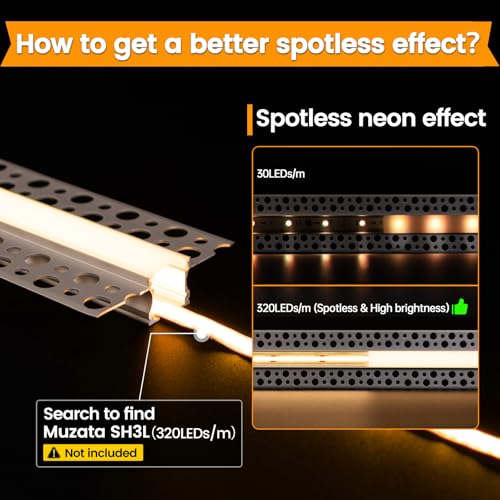 Muzata 5Pack 6.6FT/2M Plaster-in LED Channel Trimless Recessed LED Strip Diffuser Channel Spotless Deeper Wider for Drywall Ceiling Wall U117 WW 2M - size: 5Pack*2M/6.6FT