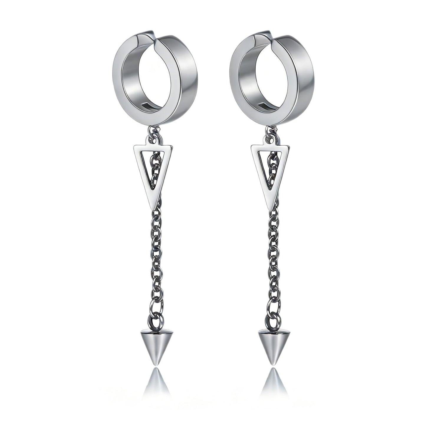 Fusamk Punk Rock Stainless Steel Triangle Ear Clip Earrings Spike Long Chain Dangle Earrings(Silver)