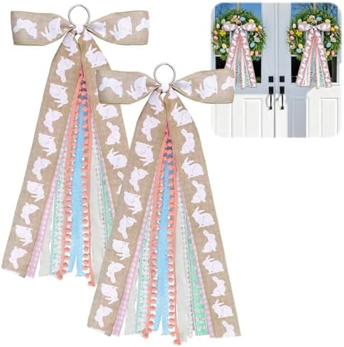 Suncalla 2 Pcs Easter Rabbits Ribbon Bow for Wreath Front Door