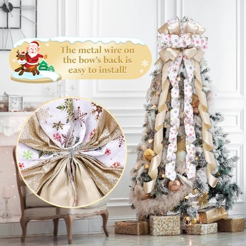 Christmas Tree Topper Bow, 13" Large Gold White Glitter Ribbon Bow with Snowflakes Print, Elegant Xmas Tree Top, Long Wired Ribbon, Decoration for New Year Holiday Party & Farmhouse Decor